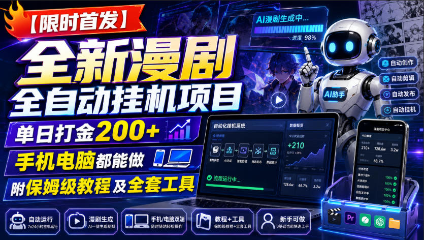 【限时首发】全新漫剧全自动挂G项目，单日打金200+，手机电脑都能做，附保姆级教程及全套工具【揭秘】-独家科技资源网
