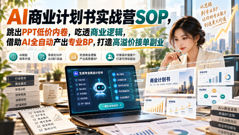 AI商业计划书实战营SOP，跳出PPT低价内卷，吃透商业逻辑，借助AI全自动产出专业BP，打造高溢价接单副业-独家科技资源网