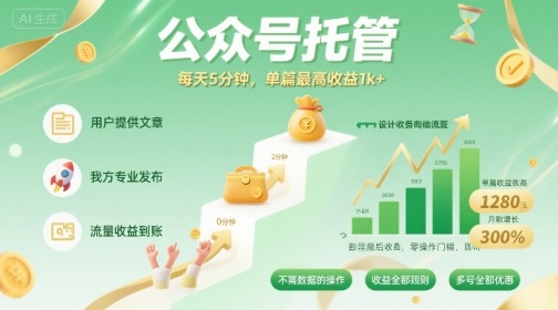 【公众号托管 】我提供文章，你发布，每天5分钟，单篇最高收益1k+【揭秘】-独家科技资源网