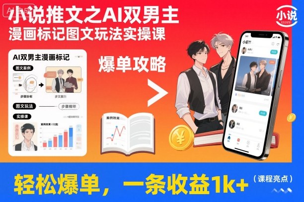 小说推文之AI双男主漫画标记图文玩法实操课,轻松爆单,一条收益1k+-独家科技资源网