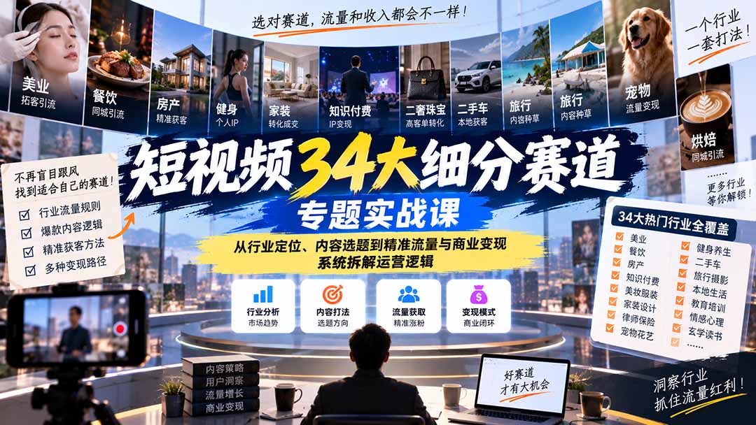 短视频34大细分赛道专题实战课:从行业定位、内容选题到精准流量与商业变现,系统拆解运营逻辑-独家科技资源网