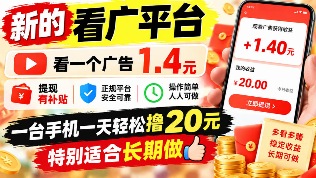 一个新的看广平台,看一个广告1.4元,提现有补贴,一台手机一天轻松撸20+,特别适合长期做【揭秘】-独家科技资源网