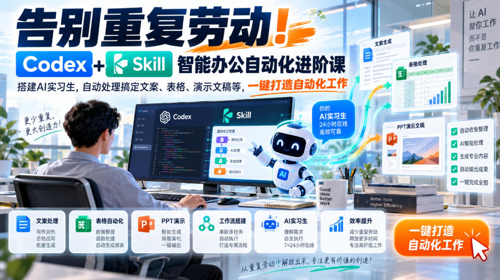 告别重复劳动！Codex+Skill智能办公自动化进阶课｜搭建AI实习生，自动处理搞定文案、表格、演示文稿等，一键打造自动化工作-独家科技资源网