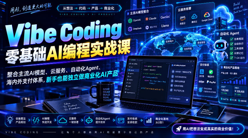 Vibe Coding零基础AI编程实战课-无水印,整合主流AI模型、云服务、自动化Agent、海内外支付体系,新手也能独立做商业化AI产品-独家科技资源网