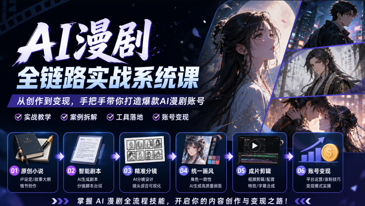 AI漫剧全链路实战系统课|原创小说、智能剧本、精准分镜、统一画风、成片剪辑、账号变现实操教学-独家科技资源网