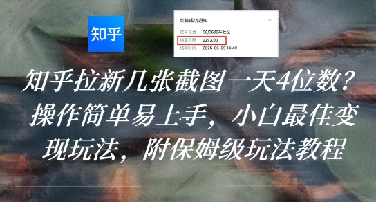 知乎拉新几张截图一天4位数？操作简单易上手，小白最佳变现玩法，附保姆级玩法教程-独家科技资源网