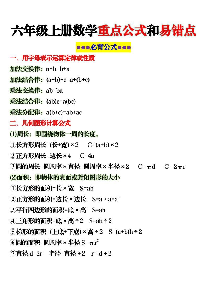 六上数学重点公式和易错点6页-独家科技资源网