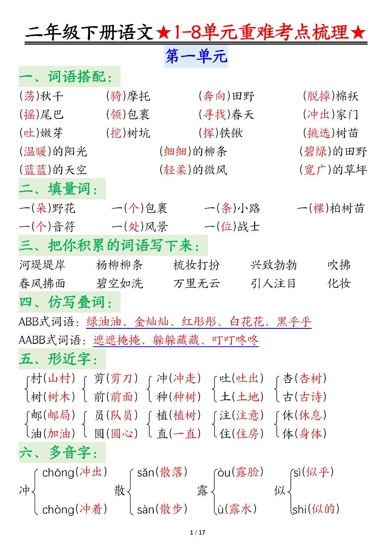 二下语文期末复习1-8单元重难考点梳理总结（17页）-独家科技资源网