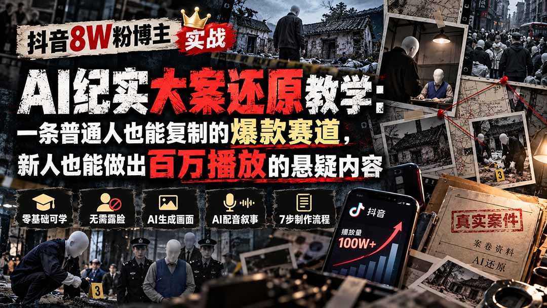 抖音8W粉博主AI纪实大案还原教学:一条普通人也能复制的爆款赛道,新人也能做出百万播放的悬疑内容-独家科技资源网