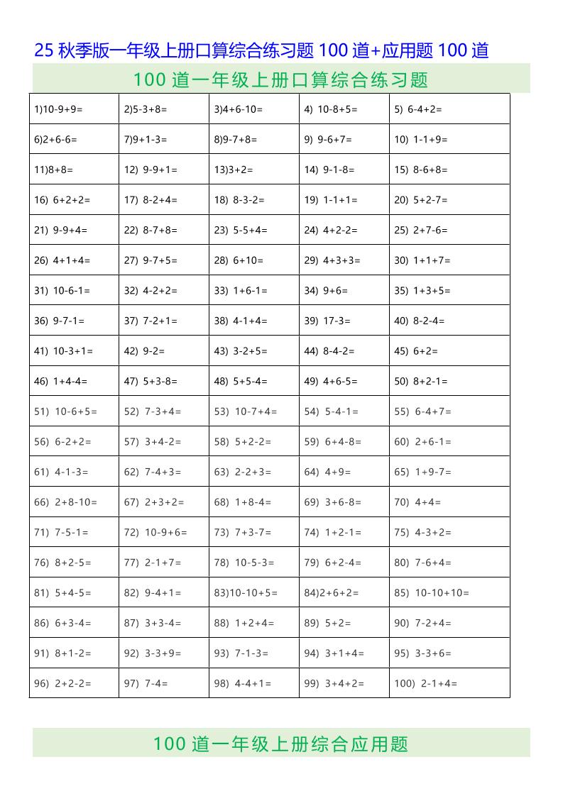 【2025秋新版】一年级上册口算综合练习题100道+应用题100道-一上数学-独家科技资源网