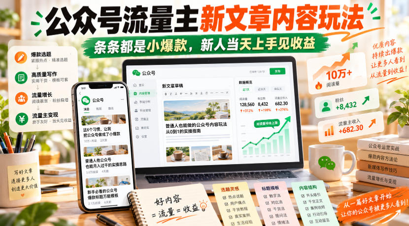 公众号流量主新文章内容玩法，条条都是小爆款，新人当天上手见收益-独家科技资源网