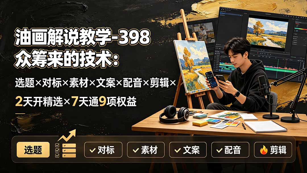 油画解说教学-398众筹来的技术:选题×对标×素材×文案×配音×剪辑×2天开精选×7天通9项权益-独家科技资源网