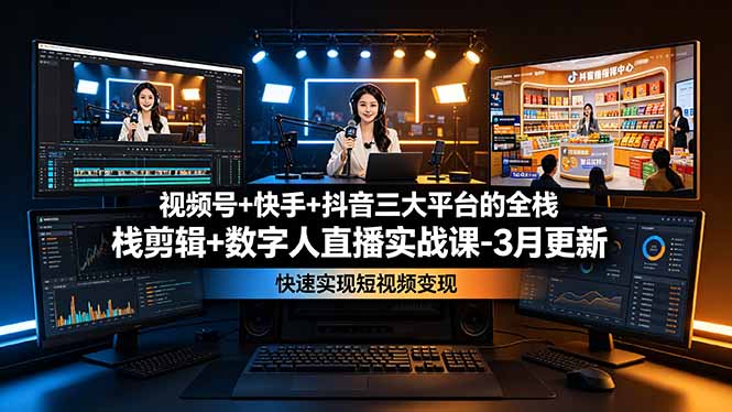 视频号+快手+抖音三大平台的全栈剪辑+数字人直播实战课-3月更新:快速实现短视频变现-独家科技资源网