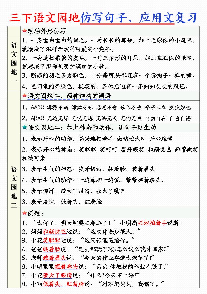 三年级下语文1-8单元语文园地句子仿写+应用文专练-独家科技资源网