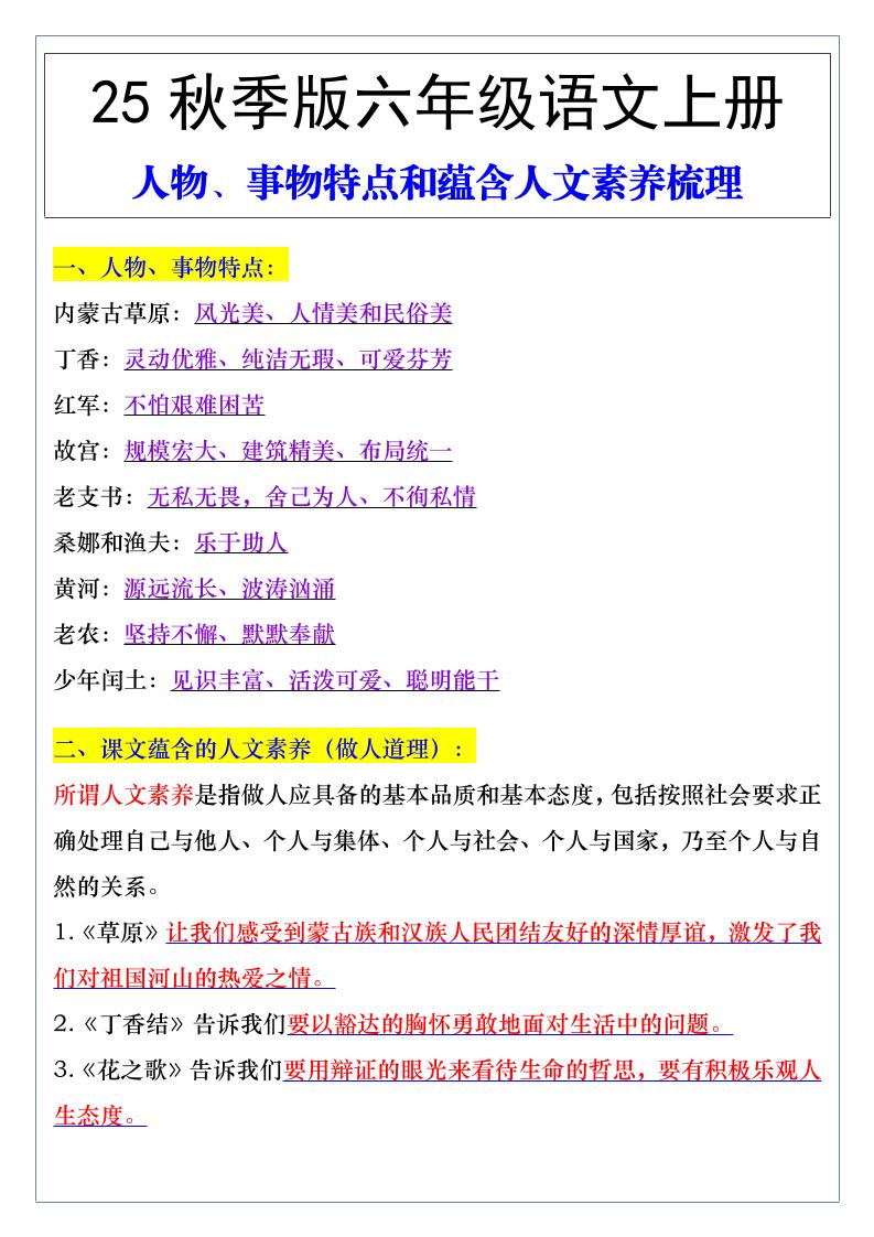 【2025秋新版】六年级语文上册人物、事物特点和蕴含人文素养梳理-独家科技资源网