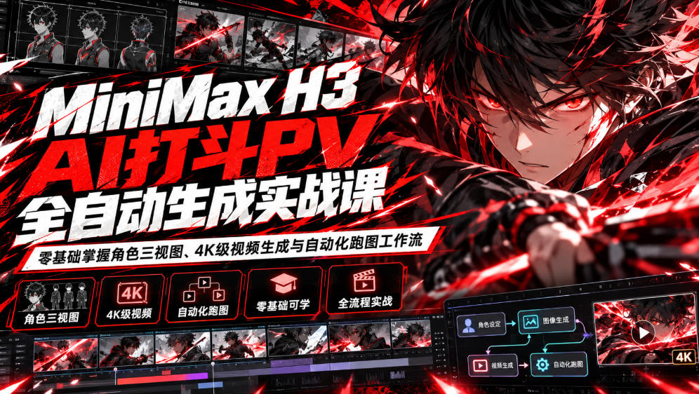 MiniMax H3 AI打斗PV全自动生成实战课:零基础掌握角色三视图、4K级视频生成与自动化跑图工作流-独家科技资源网