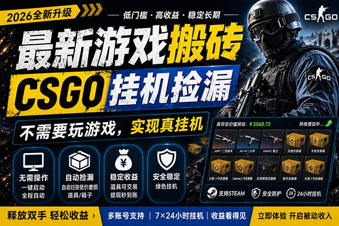 最新游戏搬砖，CSGO纯挂机，不需要玩游戏，实现真挂机，月入1W+，五一小高峰上车可吃肉，...-独家科技资源网