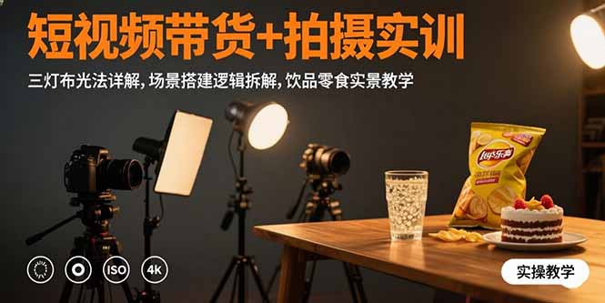 短视频带货+拍摄实训：三灯布光法详解,场景搭建逻辑拆解,饮品零食实景教学-独家科技资源网