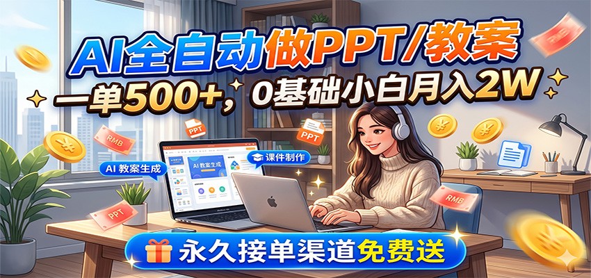 AI全自动做PPT/教案，一单500+，0基础小白月入2W，永久接单渠道免费送-独家科技资源网