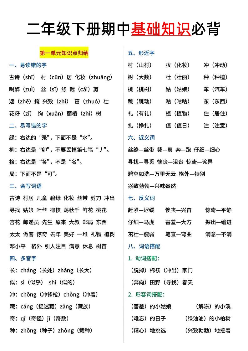 二年级语文下册期中基础知识必背5页-独家科技资源网