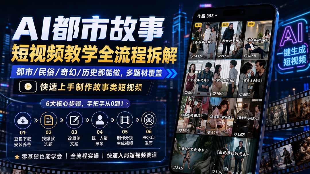 AI都市故事短视频教学全流程拆解；都市/民俗/奇幻/历史都能做多题材覆盖，快速上手制作故事类短视频-独家科技资源网