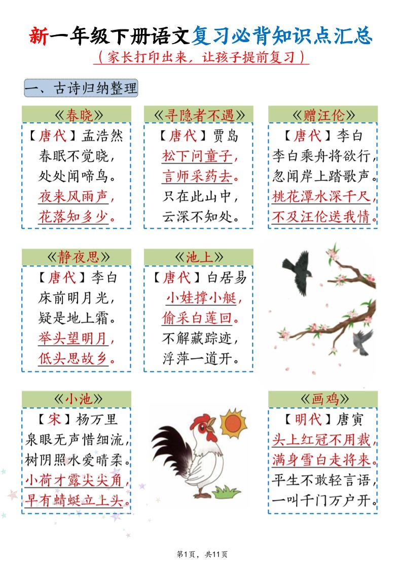 新一年级下册语文复习必背知识点汇总-独家科技资源网