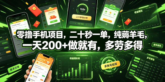 零撸手机项目，二十秒一单，纯薅羊毛，一天200+做就有，多劳多得【揭秘】-独家科技资源网