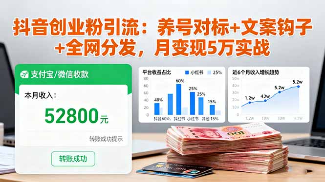 抖音创业粉引流：养号对标+文案钩子+全网分发，月变现5万实战-独家科技资源网