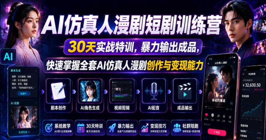 AI仿真人漫剧短剧训练营，30天实战特训，暴力输出成品，快速掌握全套AI仿真人漫剧创作与变现能力-独家科技资源网