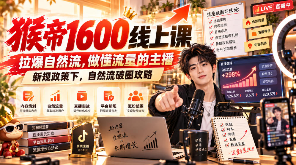 猴帝1600线上课，拉爆自然流，做懂流量的主播，新规政策下，自然流破圈攻略【更新261023】-独家科技资源网