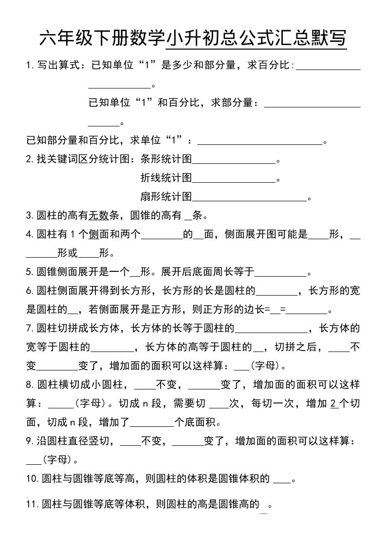 六年级下数学小升初总公式汇总默写-独家科技资源网