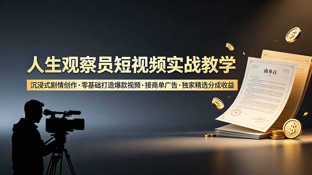 人生观察员短视频实战教学，沉浸式剧情创作，零基础打造爆款视频，接商单广告，独家精选分成收益-独家科技资源网