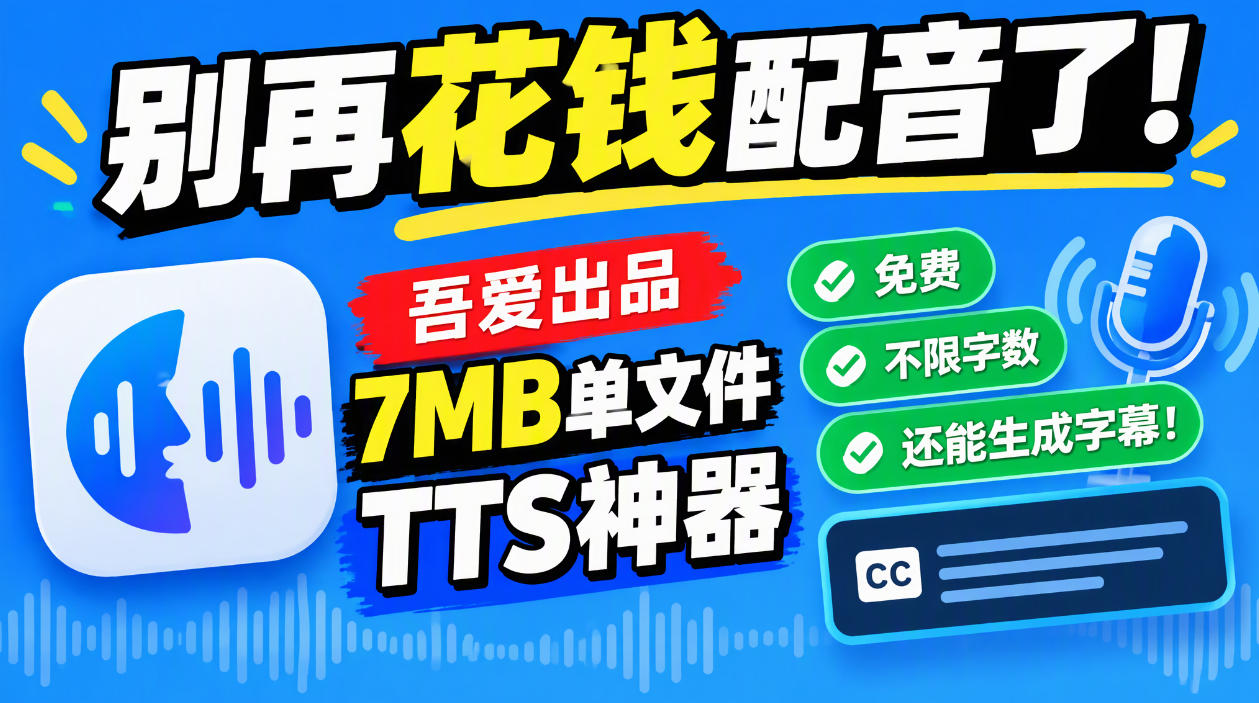 别再花钱配音了!吾爱出品7MB单文件TTS神器,免费不限字数还能生成字幕!-独家科技资源网