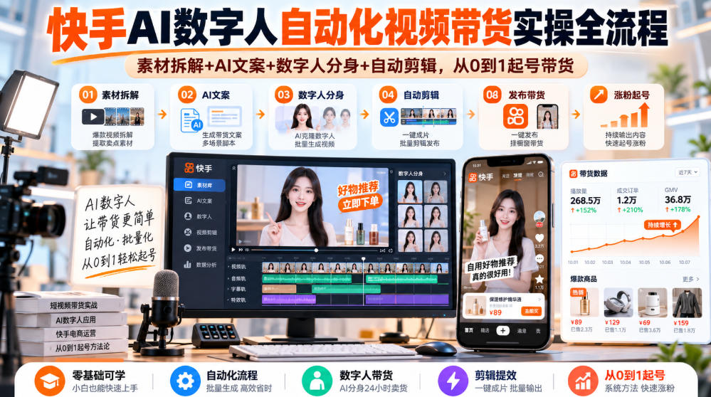 快手AI数字人自动化视频带货实操全流程｜素材拆解+AI文案+数字人分身+自动剪辑，从0到1起号带货(更新26年)-独家科技资源网