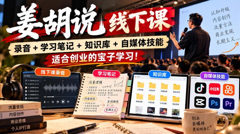 姜胡说线下课录音＋学习笔记＋知识库＋自媒体技能，​适合创业的宝子学习！-独家科技资源网