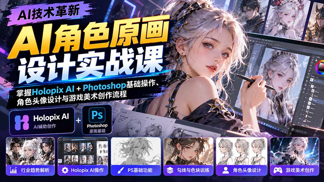 AI角色原画设计实战课：掌握Holopix AI+Photoshop基础操作、角色头像设计与游戏美术创作流程-独家科技资源网
