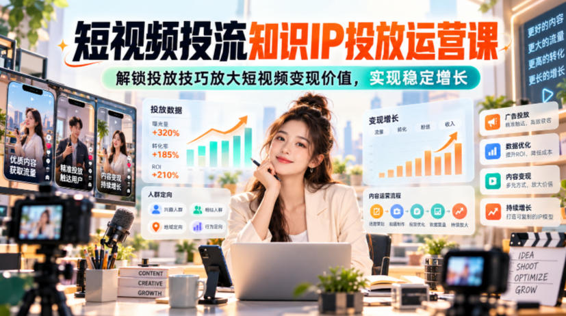 短视频投流知识IP投放运营课，解锁投放技巧放大短视频变现价值，实现稳定增长-独家科技资源网