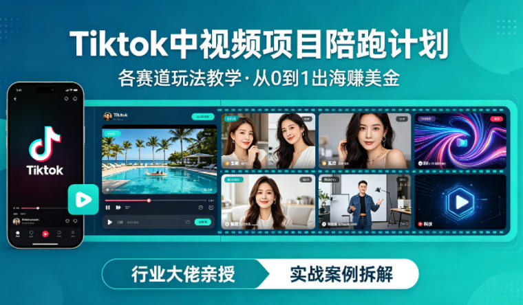 某大佬的Tiktok中视频项目陪跑，涵盖TK各个赛道玩法教学，从0到1出海賺美金-独家科技资源网