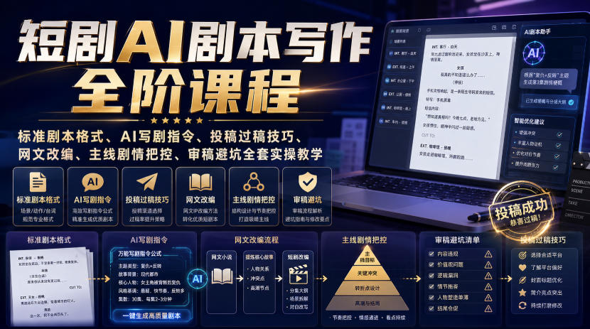 短剧AI剧本写作全阶课程｜标准剧本格式、AI写剧指令、投稿过稿技巧、网文改编、主线剧情把控、审稿避坑全套实操教学-独家科技资源网