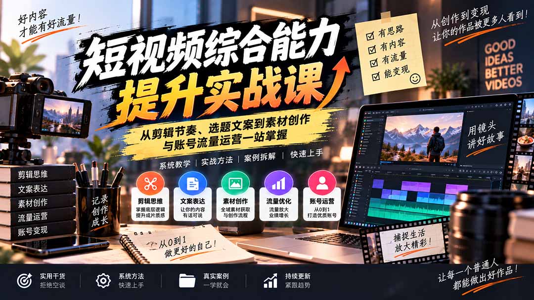 短视频综合能力提升实战课:从剪辑节奏、选题文案到素材创作与账号流量运营一站掌握-独家科技资源网