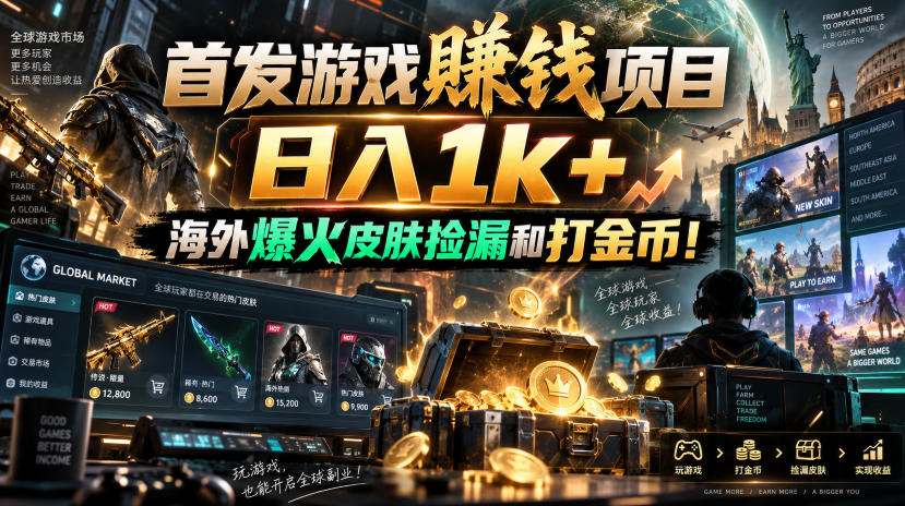 首发游戏賺钱项目，日入1k+，海外爆火皮肤捡漏和打金币！【揭秘】-独家科技资源网