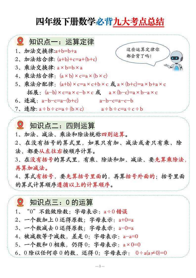 四年级下数学必背九大考点总结-独家科技资源网