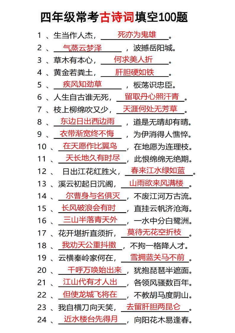 四年级下语文常考古诗词填空100题有答案-独家科技资源网
