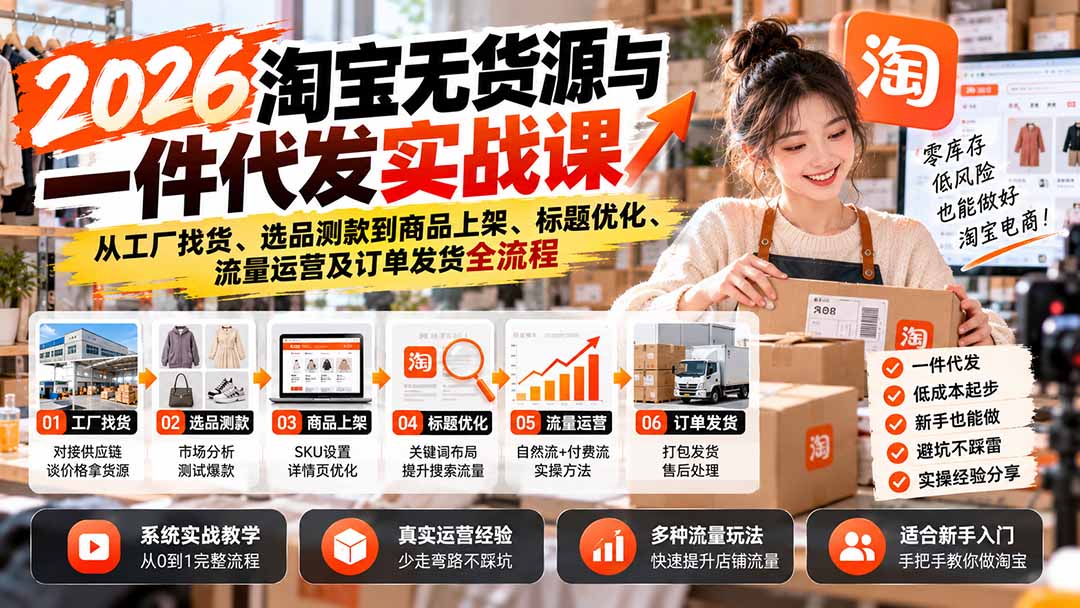 2026淘宝无货源与一件代发实战课:从工厂找货、选品测款到商品上架、标题优化、流量运营及订单发货全流程-独家科技资源网