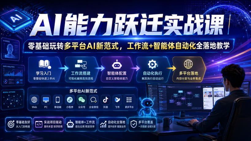 AI能力跃迁实战课｜零基础玩转多平台AI新范式，工作流+智能体自动化全落地教学-独家科技资源网