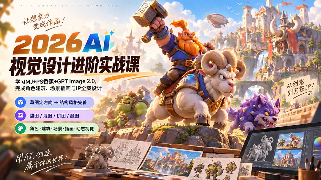 2026AI视觉设计进阶实战课-更新1007:学习MJ+PS香蕉+GPT Image 2.0,完成角色建筑、场景插画与IP全案设计-独家科技资源网