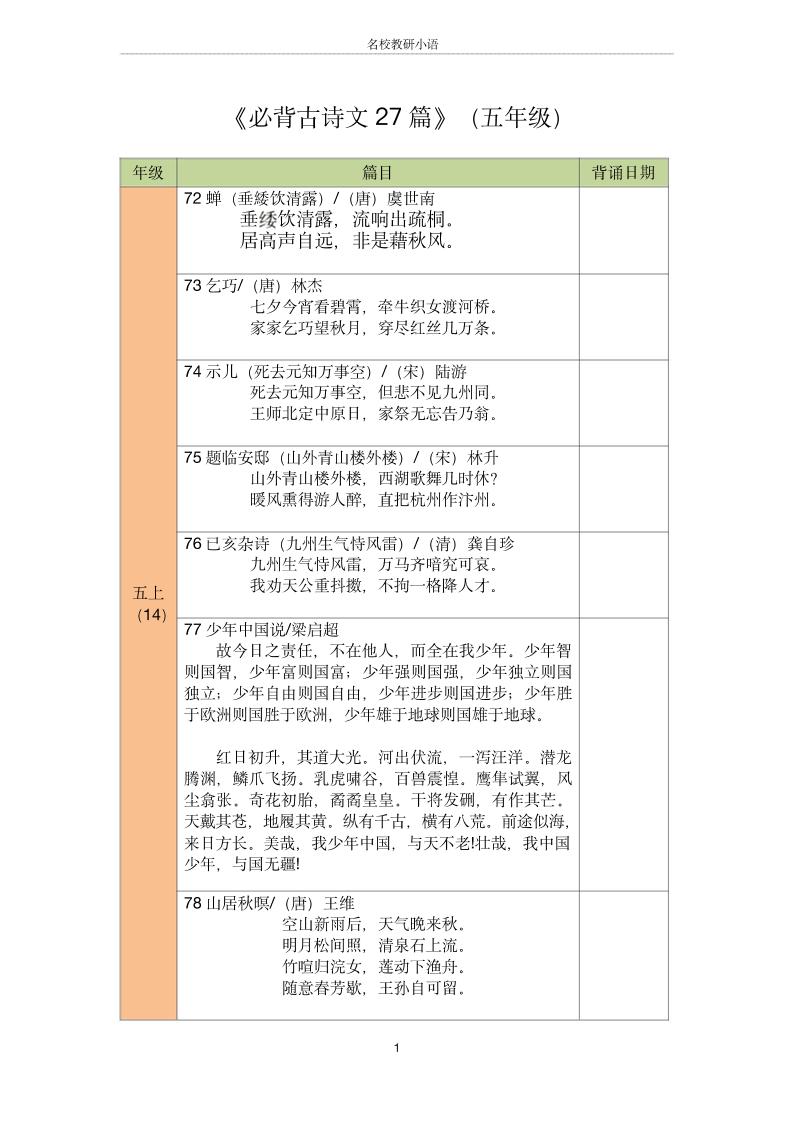 五年级古诗文背诵记录表-五上语文-独家科技资源网