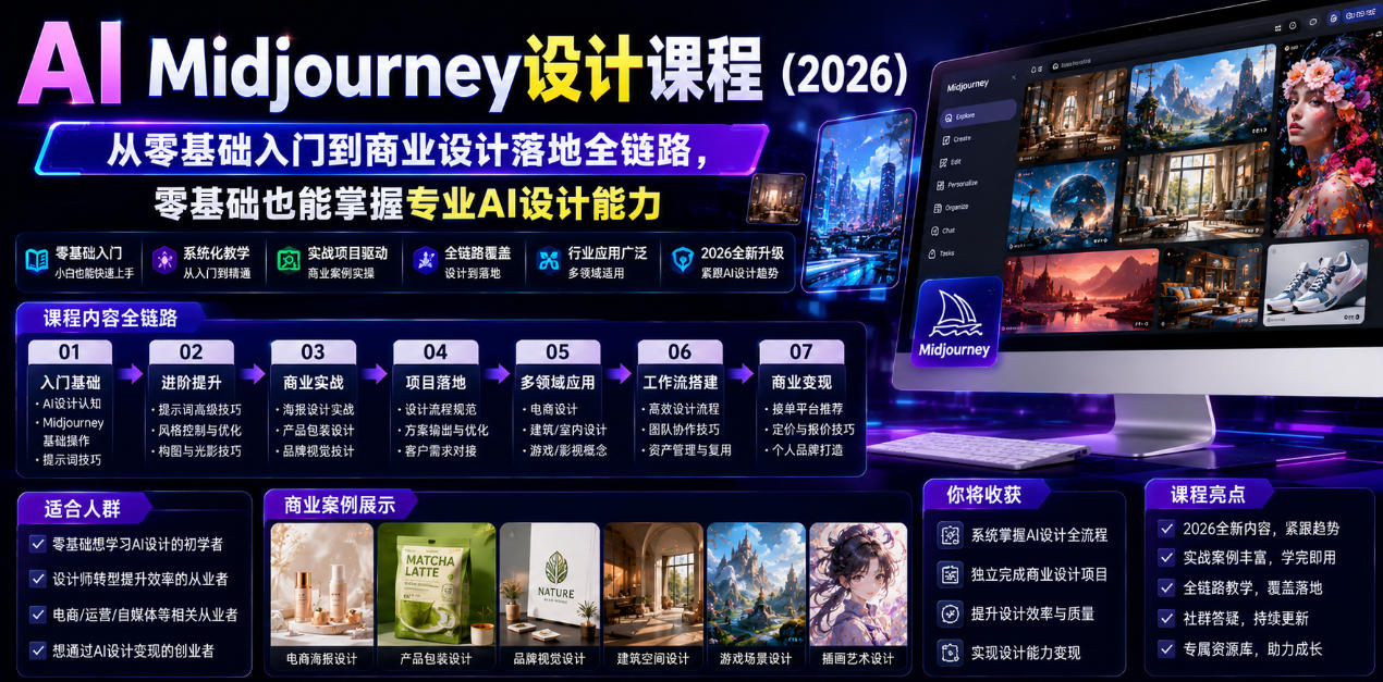 AI Midjourney设计课程(2026)，从零基础入门到商业设计落地全链路，零基础也能掌握专业AI设计能力(更新1007)-独家科技资源网