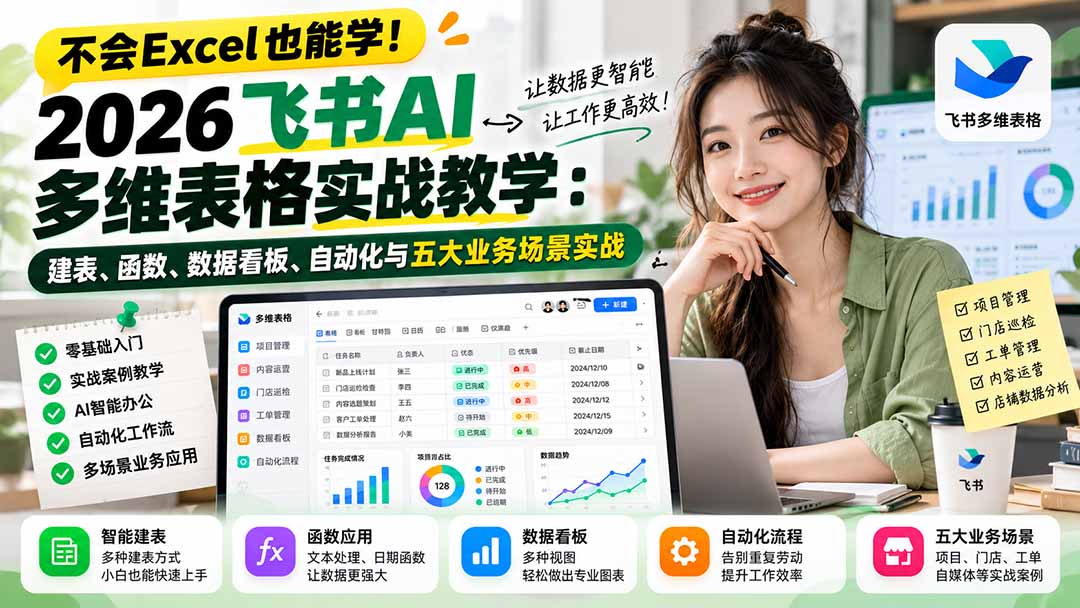 不会Excel也能学!2026飞书AI多维表格实战教学:建表、函数、数据看板、自动化与五大业务场景实战-独家科技资源网