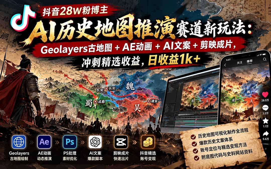 抖音28W粉博主AI历史地图推演赛道新玩法:Geolayers古地图+AE动画+AI文案+剪映成片,冲刺精选收益,日收益1k+-独家科技资源网